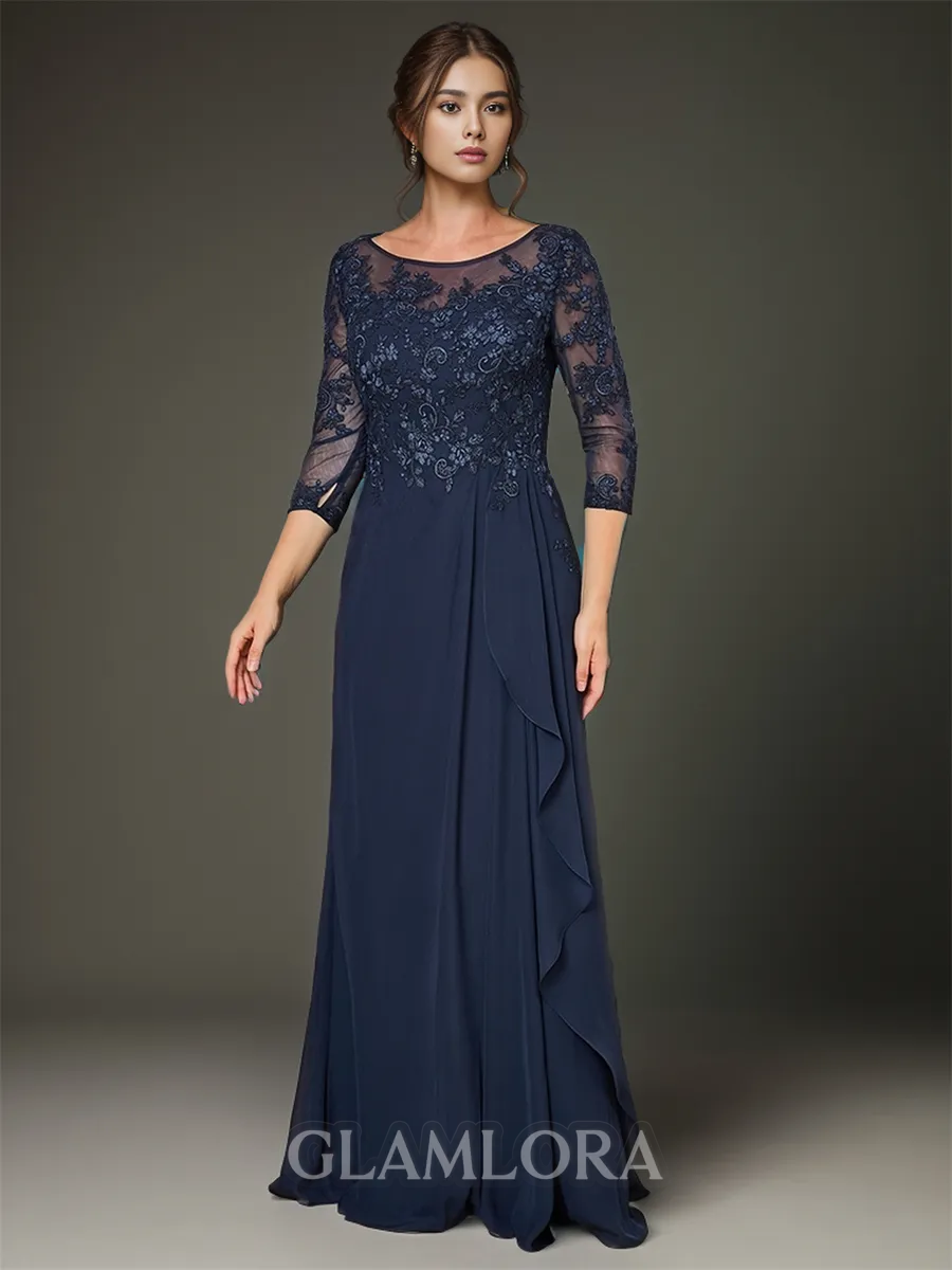 A-line Classy Scoop 3/4 Sleeves Chiffon Floor-Length Mother of the Bride Dress With Applique