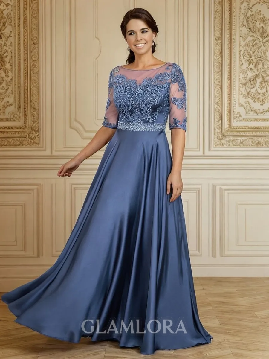 Endearing A-line Scoop 1/2 Sleeves Satin Chiffon Floor-Length Mother of the Bride Dress With Applique