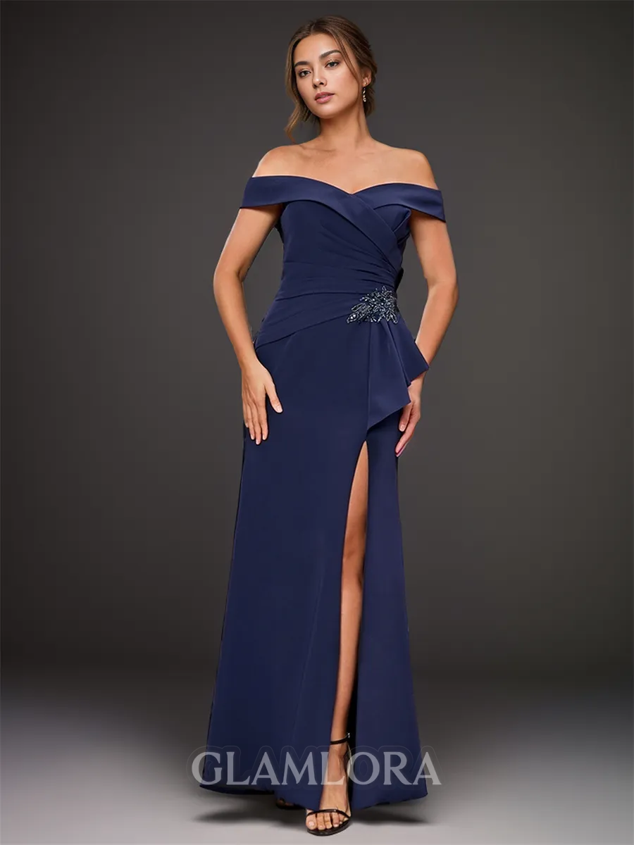 Refined Sheath/Column Off-the-Shoulder Sleeveless Stretch Crepe Floor-Length Mother of the Bride Dress With Applique