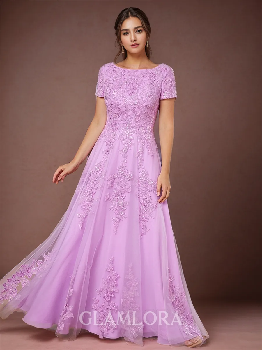 A-line Tasteful Scoop Short Sleeves Tulle Floor-Length Mother of the Bride Dress With Applique