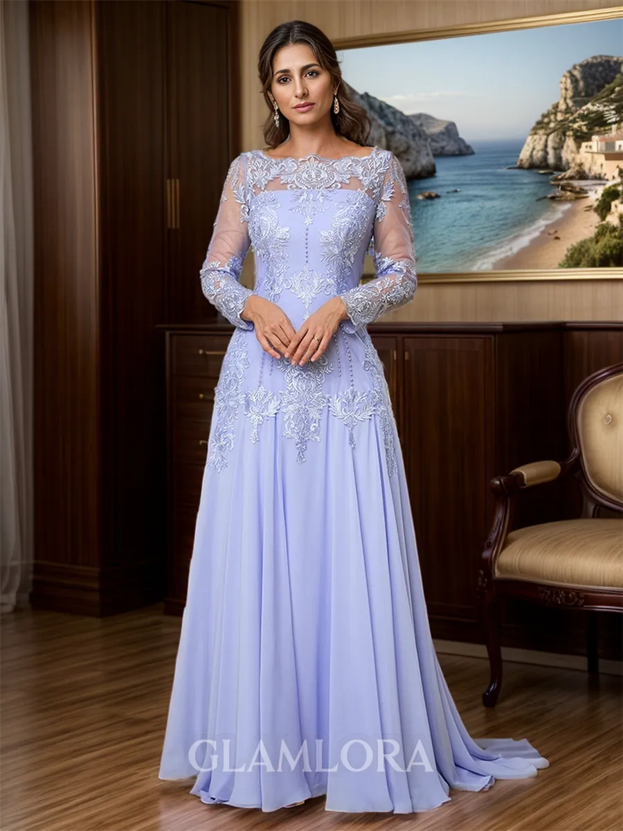 Charming A-line Bateau Long Sleeves Chiffon Sweep Train Mother of the Bride Dress With Applique