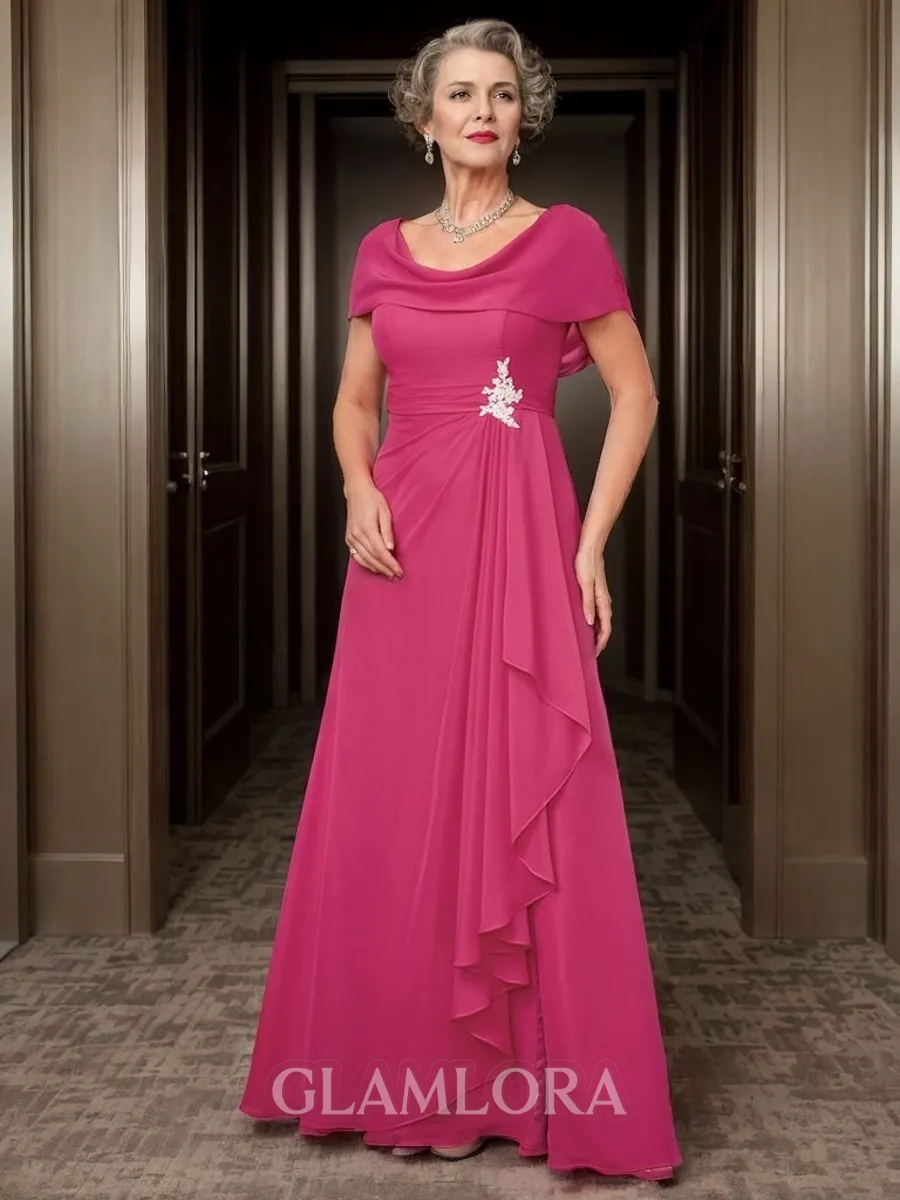 Sophisticated A-line Scoop Short Sleeves Chiffon Floor-Length Mother of the Bride Dress With Applique