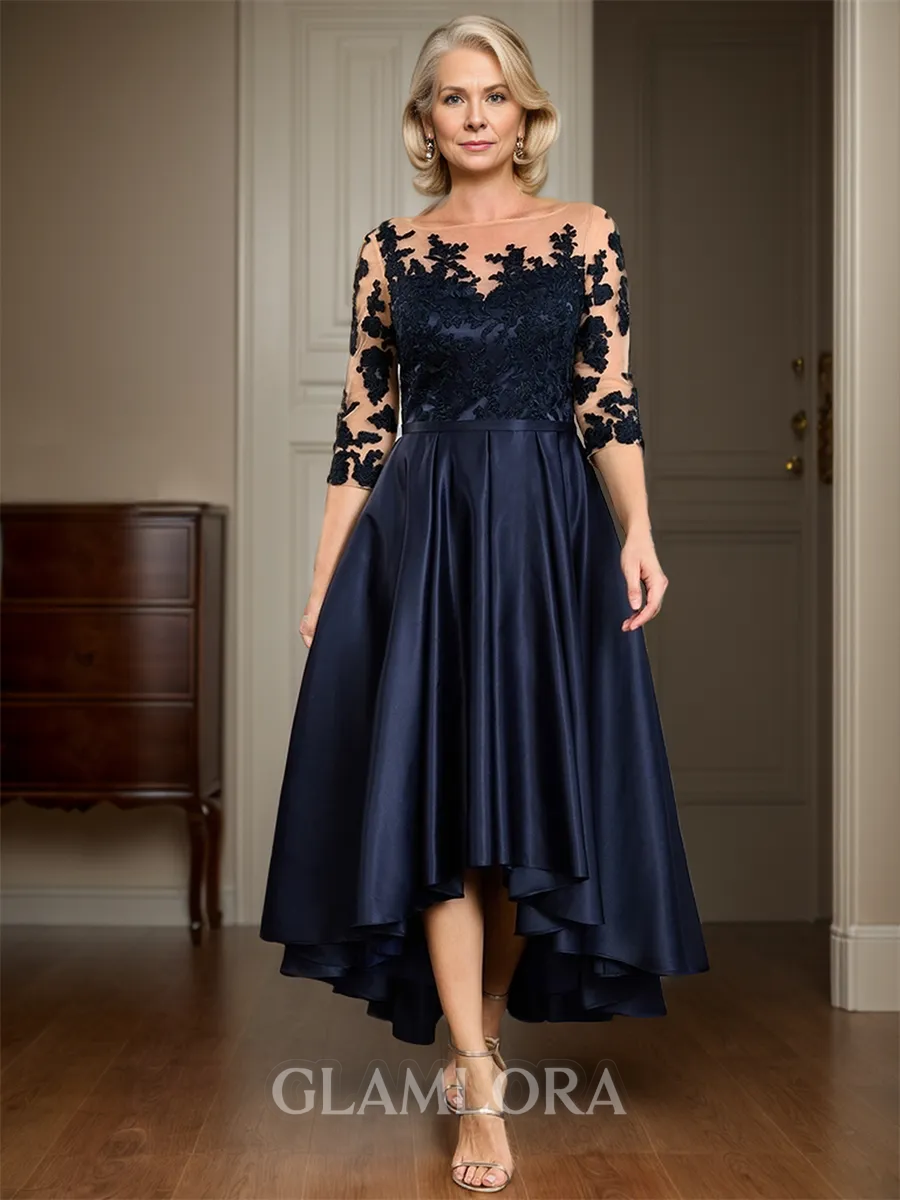 A-line Tasteful Bateau 3/4 Sleeves Satin Asymmetrical Mother of the Bride Dress With Applique