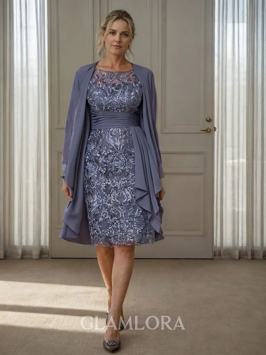 Sheath/Column Regal Scoop Short Sleeves Chiffon Knee-Length Mother of the Bride Dress With Applique