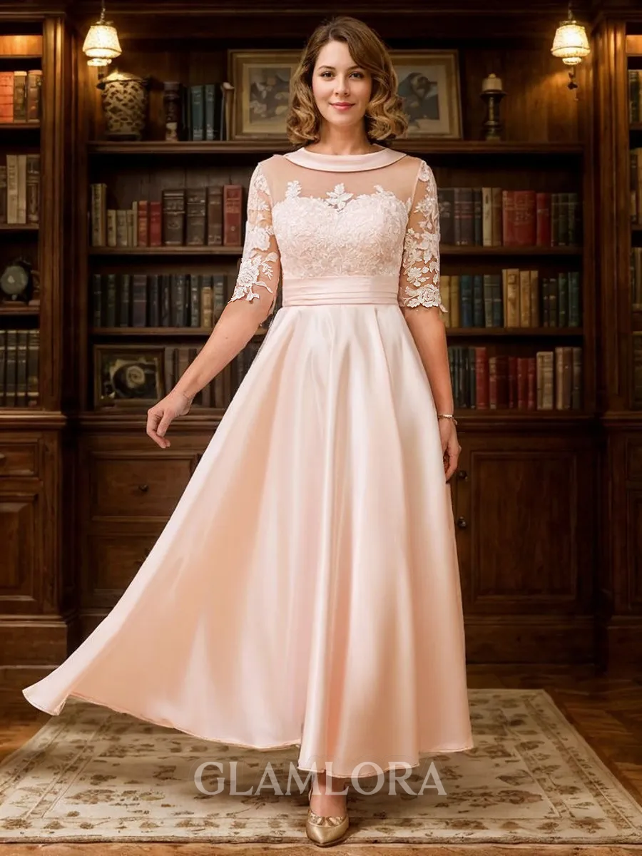 A-line Elegant Scoop 1/2 Sleeves Satin Ankle-Length Mother of the Bride Dress With Applique