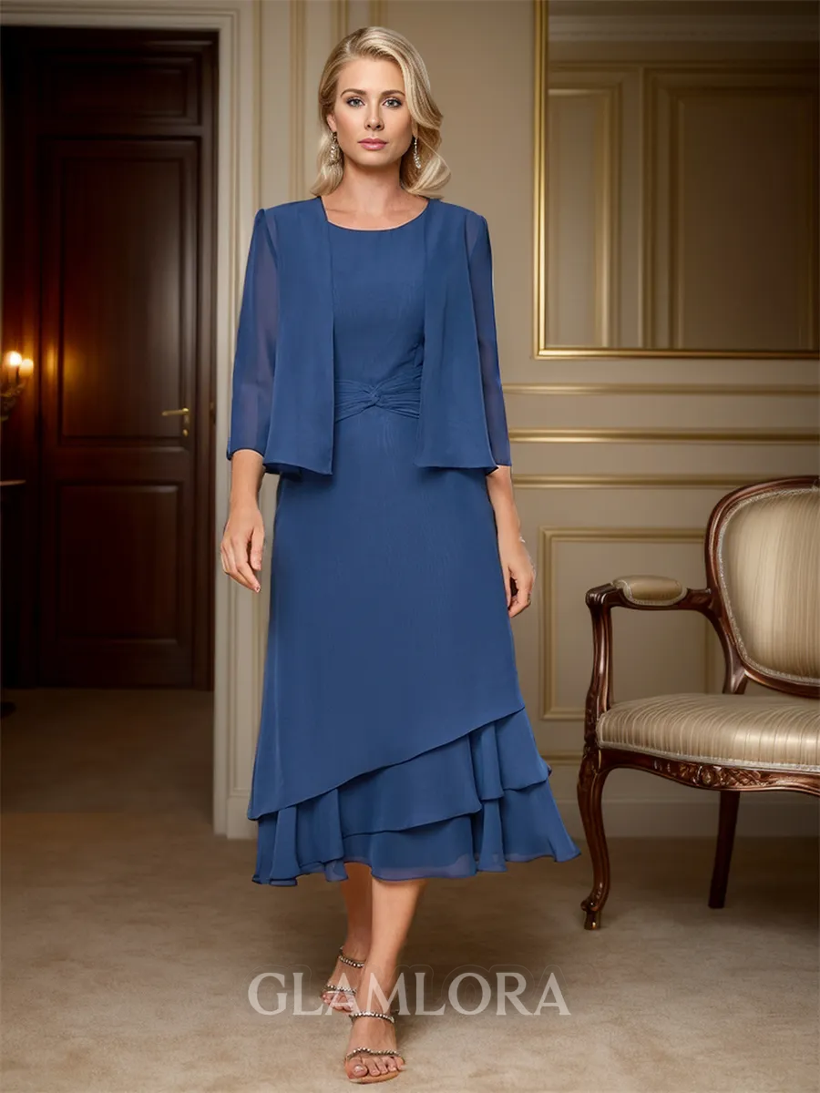 Resplendent A-line Scoop Sleeveless Chiffon Tea-Length Mother of the Bride Dress With Pleated