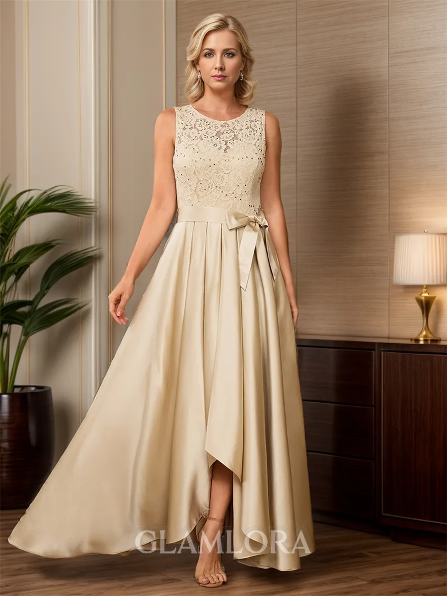A-line Polished Scoop Sleeveless Satin Asymmetrical Mother of the Bride Dress With Applique