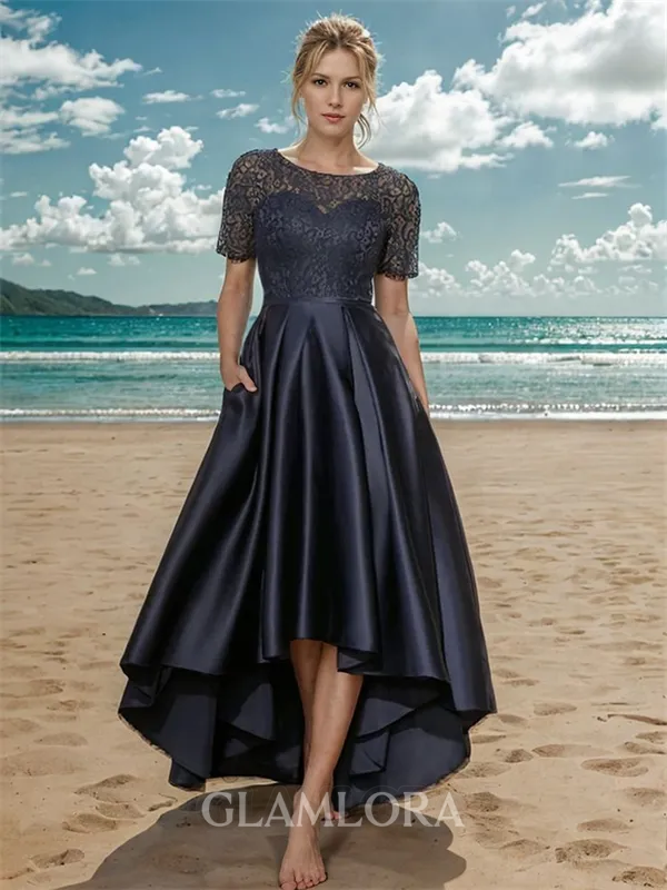 A-line Chic Bateau Short Sleeves Asymmetrical Satin Mother of the Bride Dress With Pockets