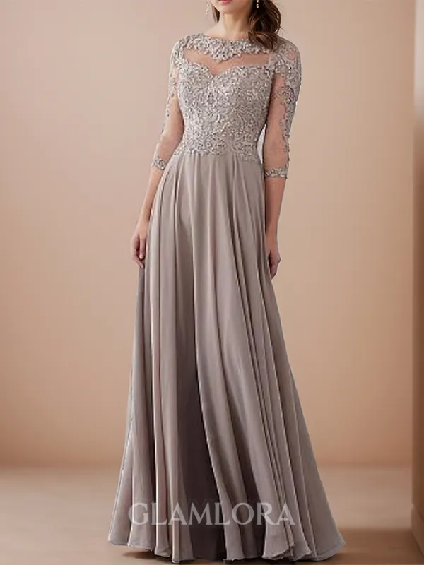 A-line Stunning Bateau 3/4 Sleeves Floor-Length Chiffon Mother of the Bride Dress With Appliques Lace