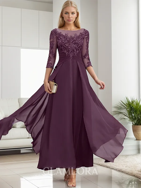 A-line Dreamy Bateau 3/4 Sleeves Ankle-Length Chiffon Mother of the Bride Dress With Appliques Lace