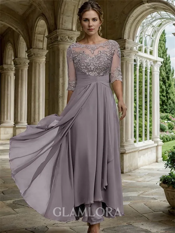 Trendy A-line Bateau 1/2 Sleeves Asymmetrical Chiffon Mother of the Bride Dress With Appliques Lace