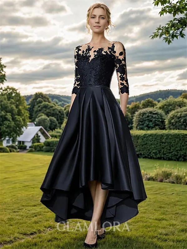 A-line Glam Bateau 3/4 Sleeves Asymmetrical Satin Mother of the Bride Dress With Appliques Lace