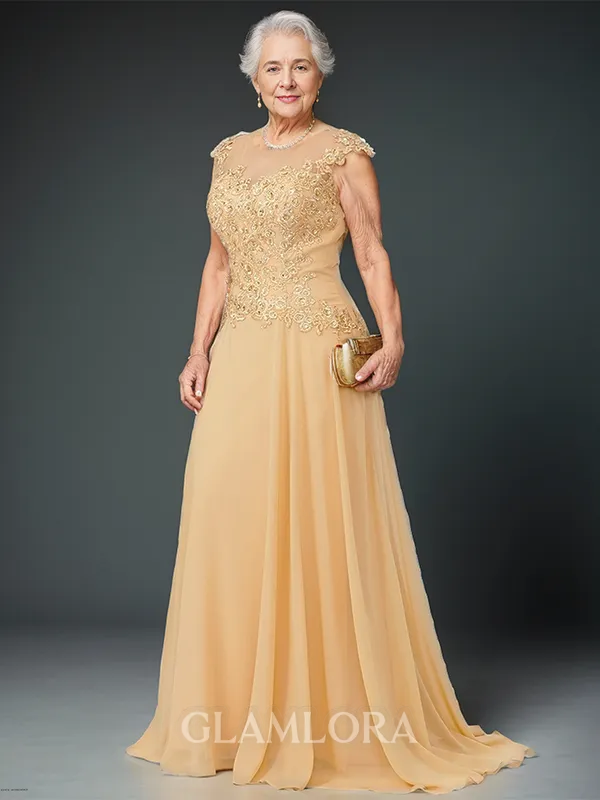 Sheath/Column Empowering Illusion Short Sleeves Sweep Train Chiffon Mother of the Bride Dress With Appliques Lace