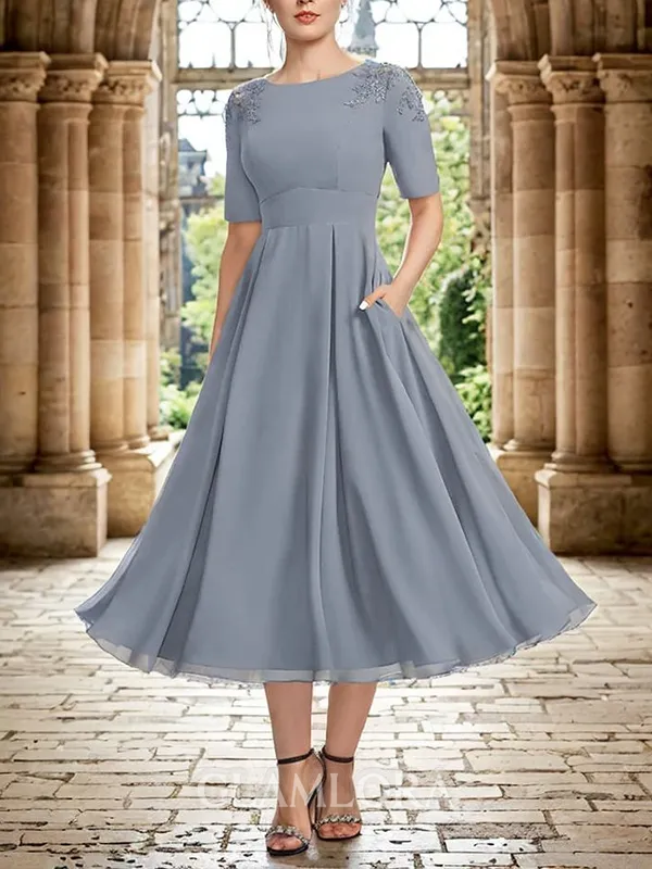 Sophisticated Scoop A-line Short Sleeves Lace Appliques Chiffon Tea-Length Mother of the Bride Dress