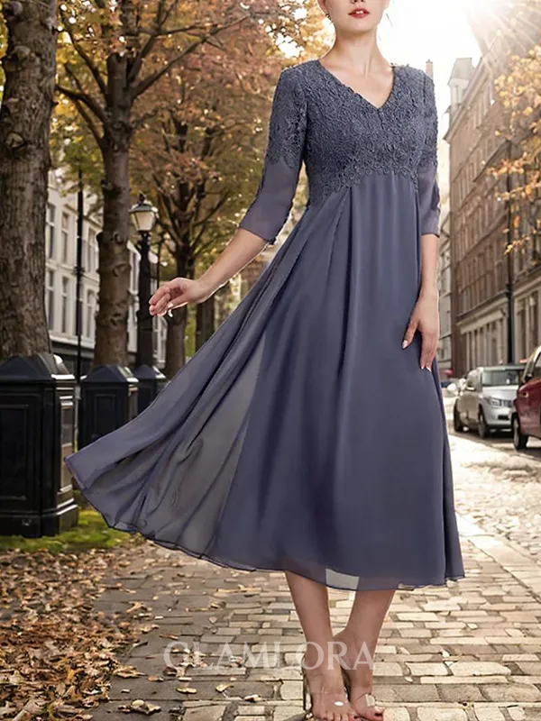 V-Neck Graceful A-line 3/4 Sleeves Appliques Lace Tea-Length Chiffon Mother of the Bride Dress