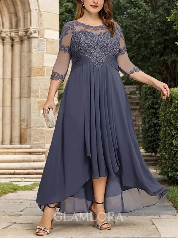 Stylish Scoop A-line 3/4 Sleeves Appliques Chiffon Lace Asymmetrical Mother of the Bride Dress