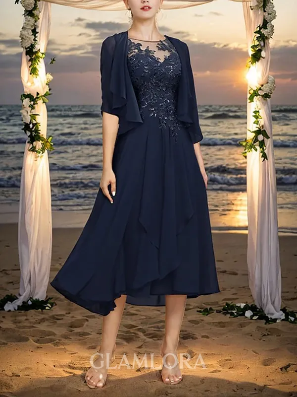 Scoop A-line Flattering Short Sleeves Asymmetrical Chiffon Appliques Lace Mother of the Bride Dress
