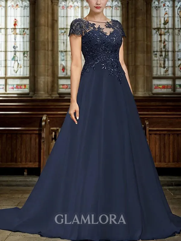 A-line Sophisticated Sweep Scoop Lace Sleeves Train Short Appliques Chiffon Mother of the Bride Dress