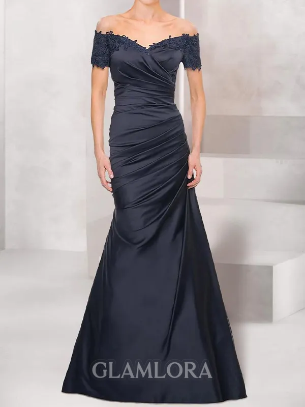 Perfect Sheath Off-the-Shoulder Short Sleeves Pleated Floor-Length Satin Mother of the Bride Dress