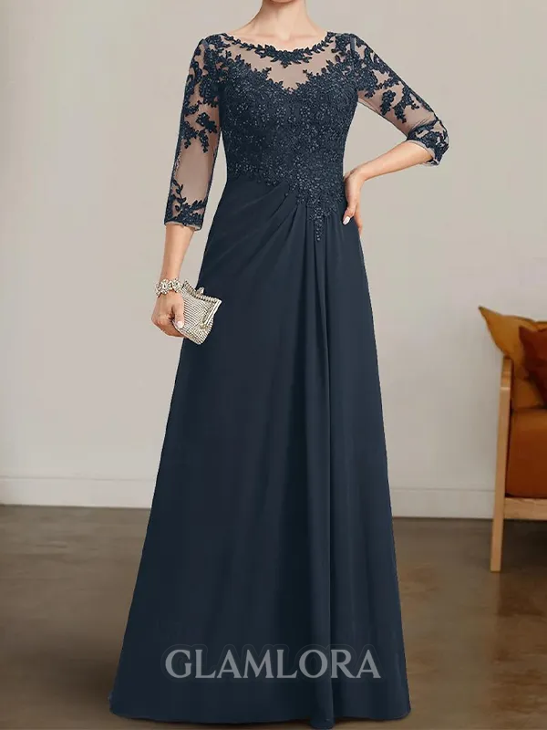 Glam A-line Bateau 3/4 Sleeves Appliques Lace Floor-Length Chiffon Mother of the Bride Dress