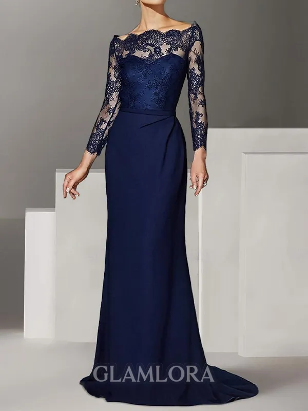 Pretty Sheath Bateau Long Sleeves Appliques Lace Sweep Train Stretch Crepe Mother of the Bride Dress