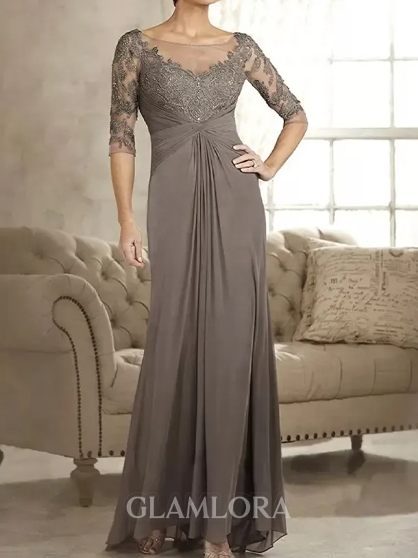 Charming Sheath Scoop 3/4 Sleeves Appliques Lace Floor-Length Chiffon Mother of the Bride Dress