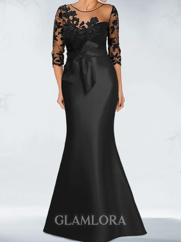 Hot Sheath Scoop 3/4 Sleeves Appliques Lace Floor-Length Satin Mother of the Bride Dress