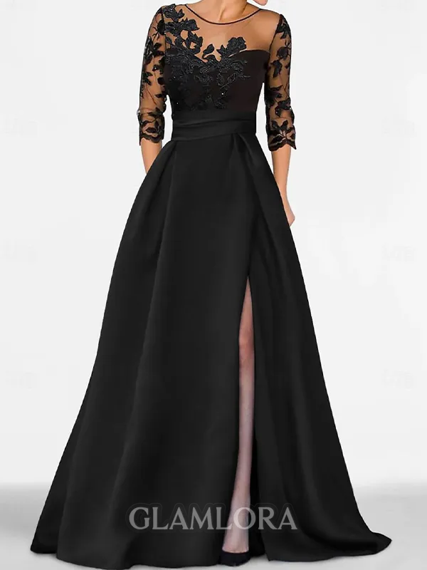 Opulent A-line Scoop 3/4 Sleeves Appliques Lace Floor-Length Satin Mother of the Bride Dress