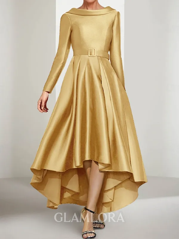 Perfect A-line Bateau Long Sleeves Ruffles Asymmetrical Satin Mother of the Bride Dress