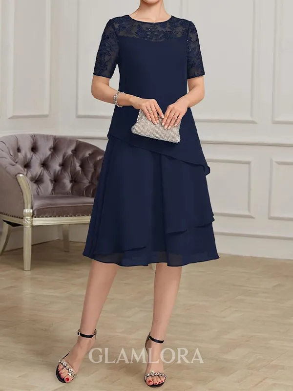Fashion A-line Scoop Short Sleeves Appliques Lace Tea-Length Chiffon Mother of the Bride Dress
