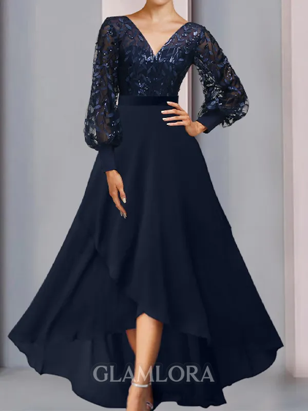 Glam A-line V-Neck Long Sleeves Ruffles Asymmetrical Chiffon Mother of the Bride Dress