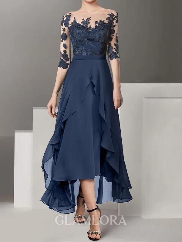 Unique A-line Bateau 1/2 Sleeves Appliques Lace Asymmetrical Chiffon Mother of the Bride Dress