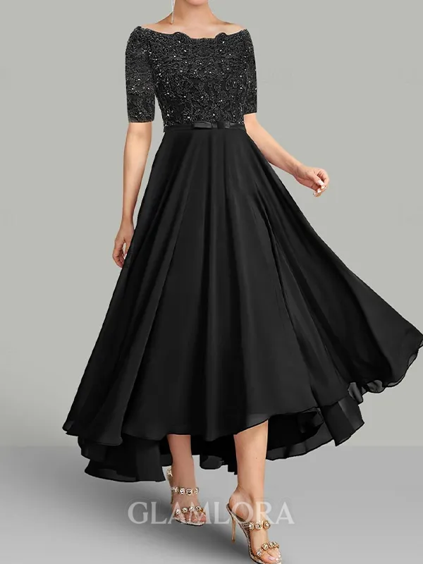 Pretty A-line Bateau 1/2 Sleeves Appliques Lace Asymmetrical Chiffon Mother of the Bride Dress