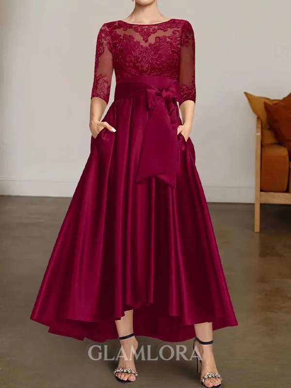 Charming A-line Scoop 3/4 Sleeves Appliques Lace Ankle-Length Satin Mother of the Bride Dress