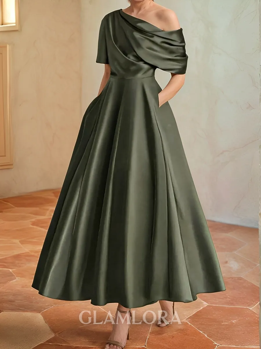 Hot A-line Short Sleeves Pleated Ankle-Length Silk like Satin Mother of the Bride Dress