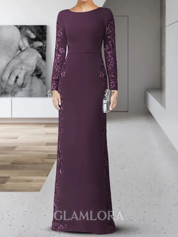 Graceful Sheath Scoop Long Sleeves Appliques Lace Floor-Length Stretch Crepe Mother of the Bride Dress