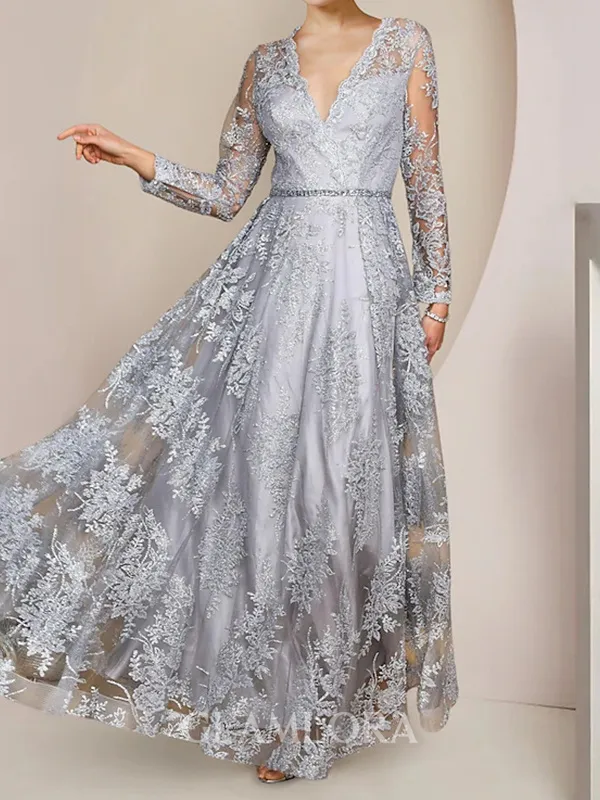 Regal A-line V-Neck Long Sleeves Ruffles Floor-Length Lace Mother of the Bride Dress