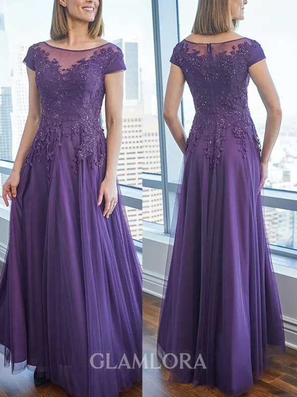 Flattering A-line Bateau Short Sleeves Appliques Lace Floor-Length Tulle Mother of the Bride Dress