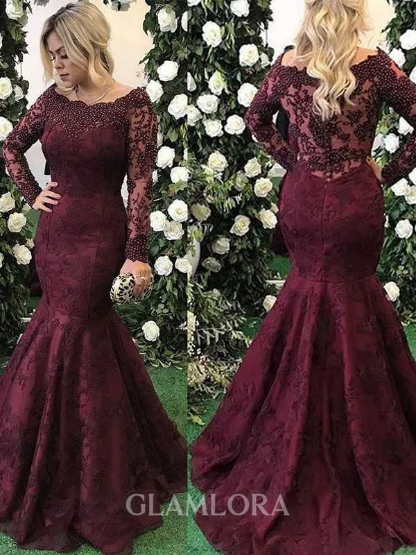 Timeless Mermaid Bateau Long Sleeves Appliques Lace Sweep Train Lace Mother of the Bride Dress