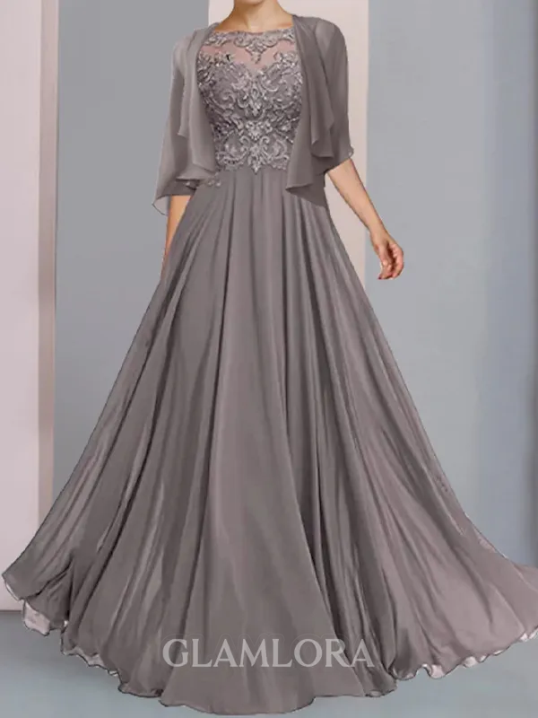 Glamorous A-line Bateau 1/2 Sleeves Appliques Lace Floor-Length Chiffon Mother of the Bride Dress