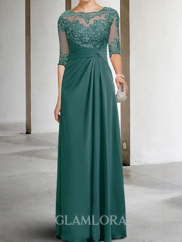 Radiant A-line Bateau 1/2 Sleeves Appliques Lace Floor-Length Chiffon Mother of the Bride Dress
