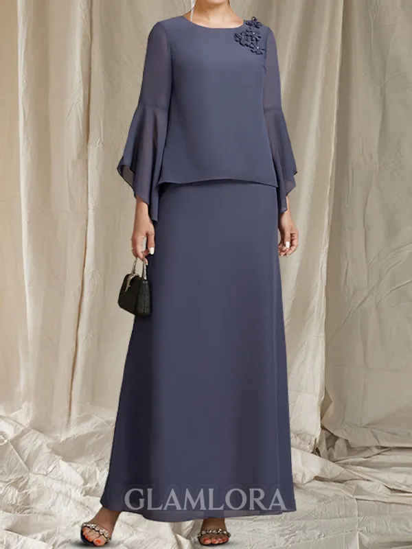 Impeccable Sheath Scoop Long Sleeves Ruffles Ankle-Length Chiffon Mother of the Bride Dress