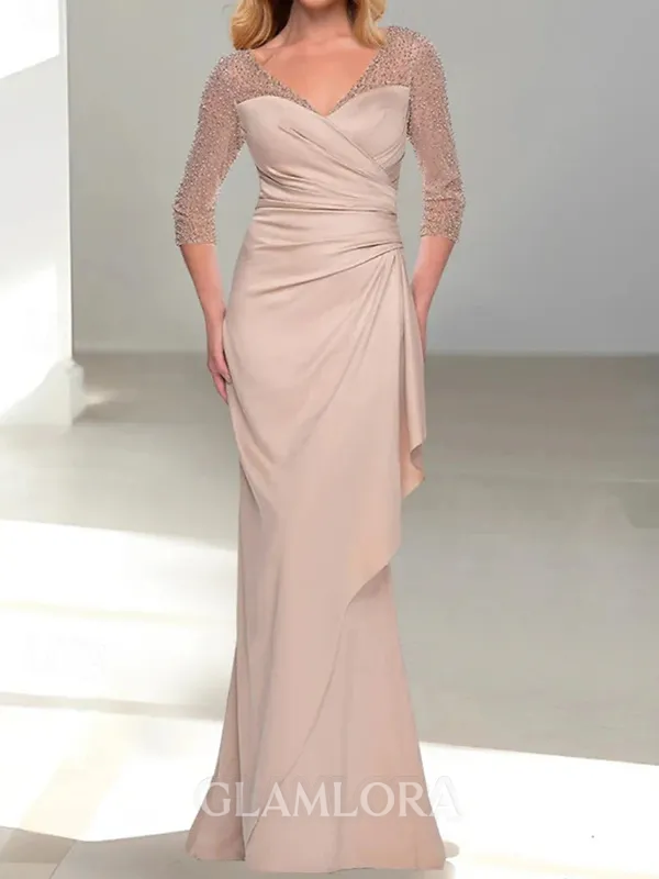 Gracious Sheath V-Neck 3/4 Sleeves Pleated Floor-Length Charmeuse Mother of the Bride Dress