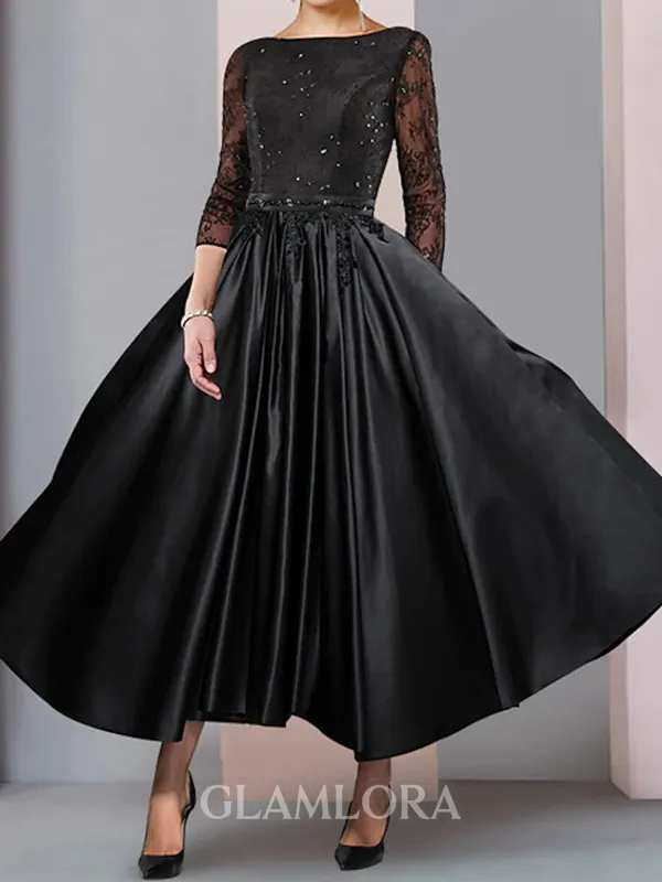 Stunning A-line Bateau 3/4 Sleeves Ruffles Tea-Length Satin Mother of the Bride Dress