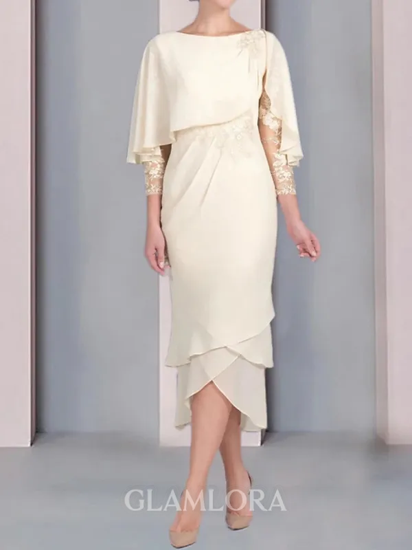 Polished Sheath Bateau 3/4 Sleeves Ruffles Tea-Length Chiffon Mother of the Bride Dress