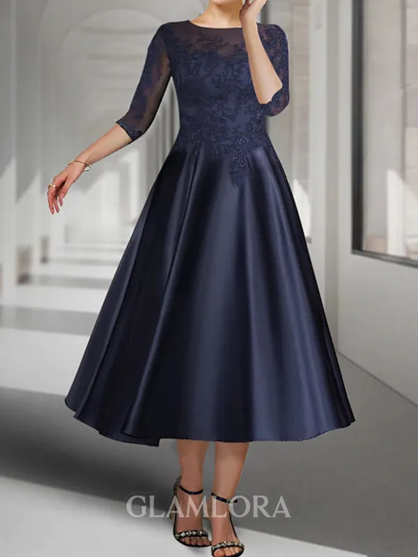 Immaculate A-line Scoop 1/2 Sleeves Appliques Lace Tea-Length Satin Mother of the Bride Dress