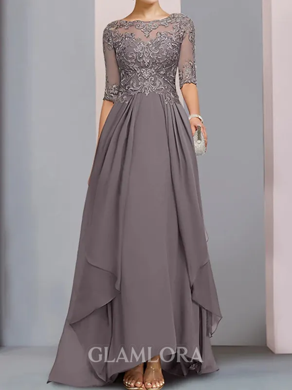 Charming A-line Bateau 1/2 Sleeves Appliques Lace Asymmetrica Chiffon Mother of the Bride Dress