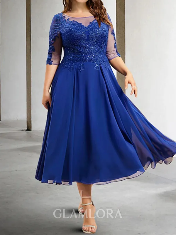 Noble A-line Bateau 1/2 Sleeves Appliques Lace Tea-Length Chiffon Mother of the Bride Dress
