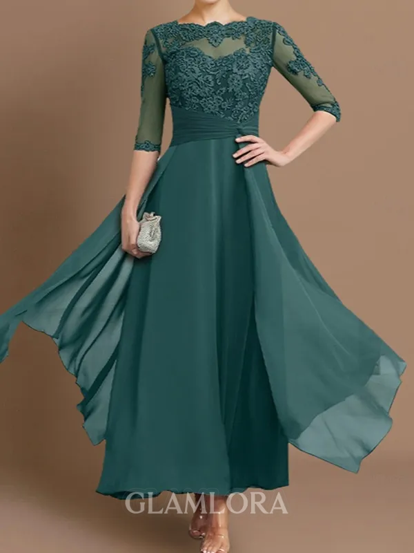 Immaculate A-line Bateau 1/2 Sleeves Appliques Lace Ankle-Length Chiffon Mother of the Bride Dress