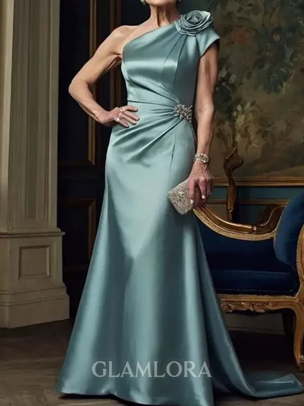 Sophisticated Sheath One-Shoulder Pleated Court Train Satin Mother of the Bride Dress